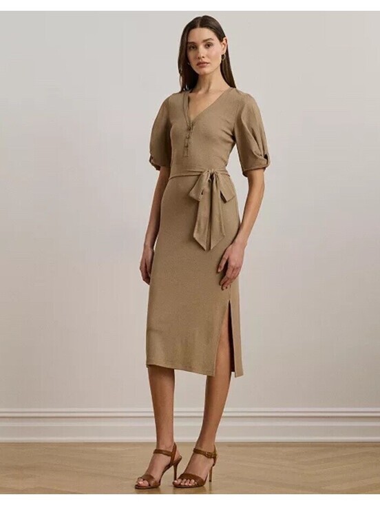 Ralph Lauren Dresses & Skirts - $165 Lauren Ralph Lauren Women's Belted Rib-Knit Puff-Sleeve Dress Tan Medium